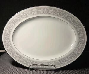 Noritake Naples Pattern 6975 oval serving platter white grey scroll design 11.5"